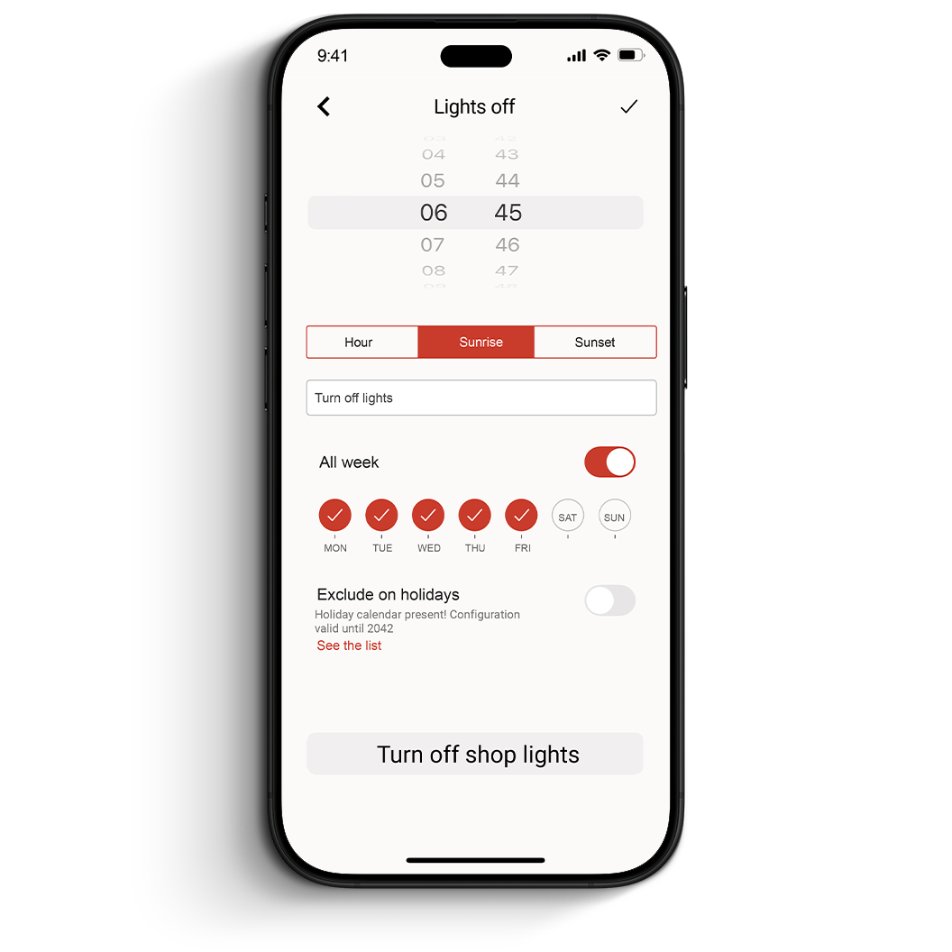 App lares 4.0 — time-based scenario to switch off shop lights at a scheduled time